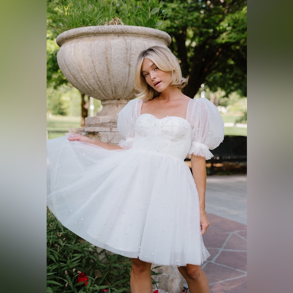 Ava Gowns - White Pearl Mini Dress (size 12)